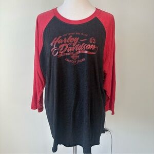 Harley Davidson Women’s Black Baseball Tee Logo Spell Out Red 3/4 Sleeves, XXL